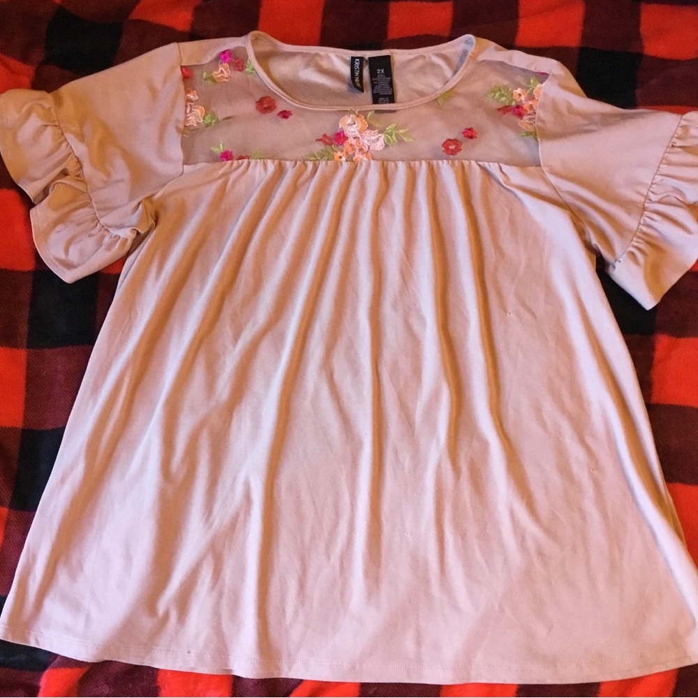 Cream and Pink Relaxed Blouse with Flutter Sleeves and Ruffled Neckline